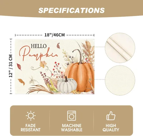 Miniatura 5 de Artoid Mode Juego de 2 manteles individuales de otoño de 12 x 18 pulgadas con diseño de hojas florales de calabaza naranja y calabaza