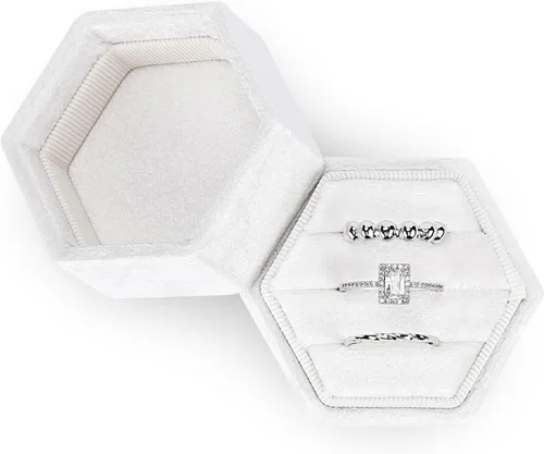Miniatura 29 de WantGor Caja de joyería de terciopelo para anillos, caja de regalo con 3 ranuras, caja de regalo para anillos hexagonales vintage, para ceremonia