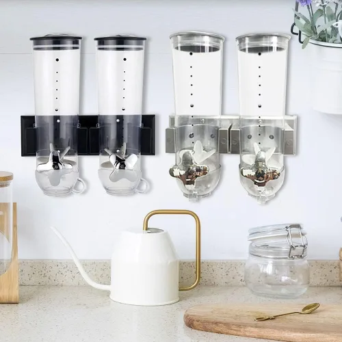 Miniatura 6 de Dispensador de cereales para montar en la pared, organizador de cereales, dispensador de granos de café con 2 cubos y 2 tazas, almacenamiento