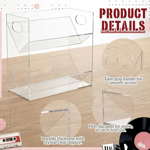 Miniatura 3 de Kathfly Soporte de cinta de casete de acrílico transparente, moderno, 2 niveles, retro, cinta de audio, estante de almacenamiento con asas