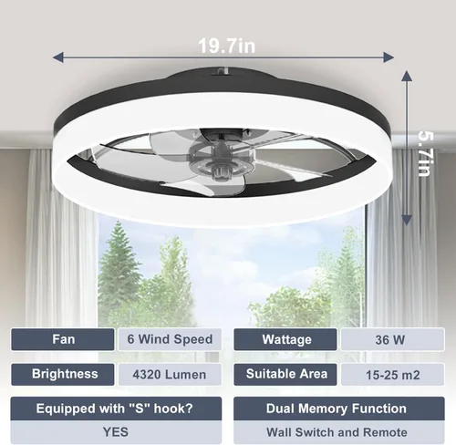 Miniatura 7 de VOLISUN Ventiladores de Techo de Perfil Bajo con Luces y Control Remoto, Ventilador de Techo Fandelier de Montaje Empotrado, 3000K-6500K Luz de Negro