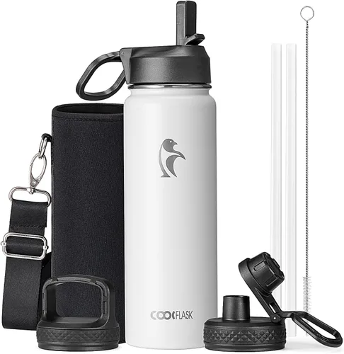 Miniatura 24 de Coolflask Botella de agua de 20 onzas aislada con pajilla, 3 tapas de metal de acero inoxidable, botella de agua de boca ancha para deportes u