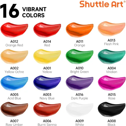 Miniatura 3 de Juego de pintura acrílica Shuttle Art, 16 tubos de 12 ml, calidad de artista, pigmentos ricos no tóxicos, colores ideales para niños, adultos