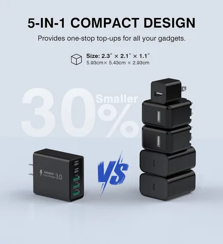 Miniatura 6 de [Paquete de 2] Cargador de pared USB C, bloque de cargador USB C de 50 W, bloques de carga rápida PD de 5 puertos, 2USB C + 3USB A enchufe
