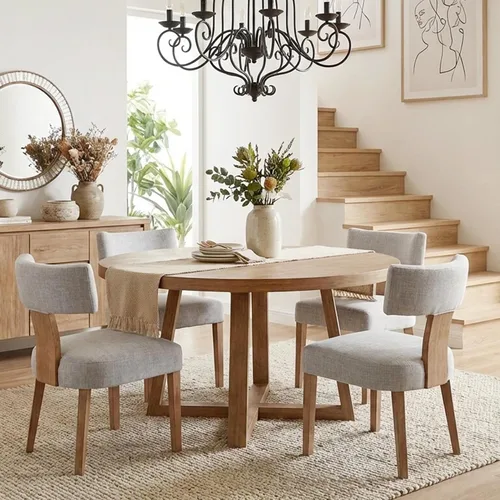 Miniatura 59 de HNY Juego de 6 sillas de comedor de ratán de estilo de mediados de siglo, silla de acento tapizada en lino de estilo granja con respaldo curvo