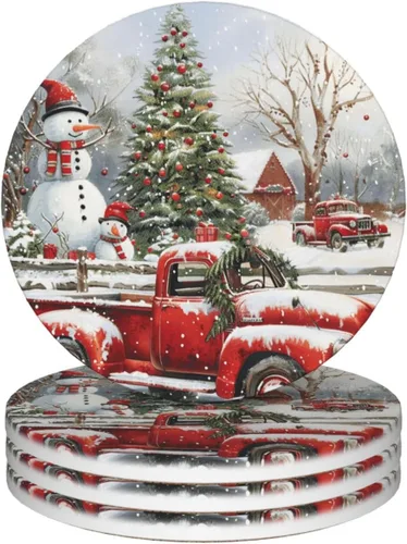 Juego de 4 posavasos de cerámica absorbentes de nieve con diseño de cardenal de Navidad para el invierno, juego de 4 posavasos redondos para mesa de