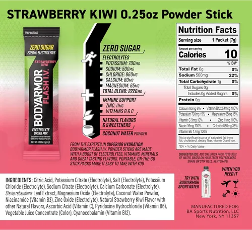 Miniatura 6 de BODYARMOR Flash IV - Paquetes de electrolitos, fresa y kiwi, mezcla de bebida sin azúcar, paquetes de una sola porción, agua de coco en polvo