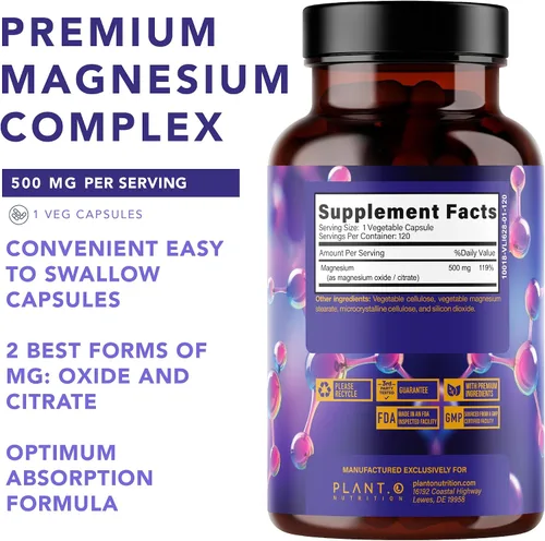 Miniatura 2 de Plant.O Suplemento de magnesio premium [óxido vegano y citrato, 500 mg] Complejo de alta absorción para dormir, calmar, relajante muscular, energía