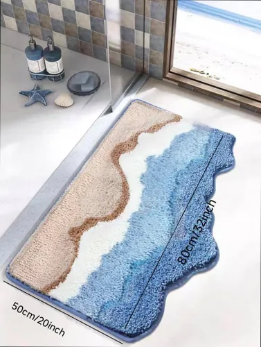 Miniatura 2 de Tapete de baño azul con olas del océano, bonita decoración temática costera de playa, antideslizante, lavable, tapete de baño para dormitorio, baño