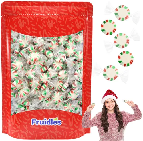 Fruidles Estrellas de Navidad en forma de remolino, caramelos duros de menta con sabor a peperina en rojo, blanco y verde, Kosher Parve, envueltos