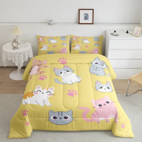 Miniatura 54 de Erosebridal Juego de ropa de cama para niños, tamaño individual, diseño de gatos de dibujos animados, para niñas, niños y adolescentes, edredón