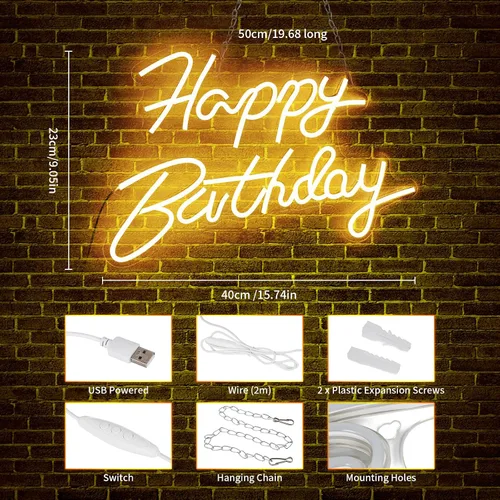 Miniatura 2 de Letrero de neón de feliz cumpleaños para decoración de pared, letrero de luz LED de neón con interruptor regulable, cartel iluminado de feliz
