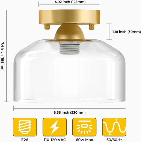 Miniatura 5 de Lámpara de techo semiempotrada dorada cepillada, pantalla colgante de vidrio transparente, lámpara moderna de granja para pasillo, pasillo, cocina