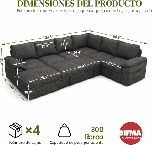 Miniatura 3 de Sofá cama modular de 108 pulgadas con cama extraíble, sofá modular en forma de U de 7 asientos con almacenamiento, sofás seccionales para sala