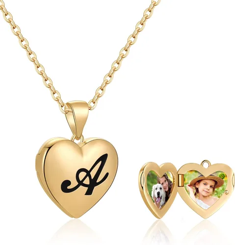 IEFWELL - Collares con medallón de letra inicial para fotos, chapado en oro de 14 quilates, para mujeres y niñas