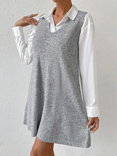Miniatura 3 de SHENHE Vestido tipo suéter de punto largo con cuello en V y ajuste holgado para mujer