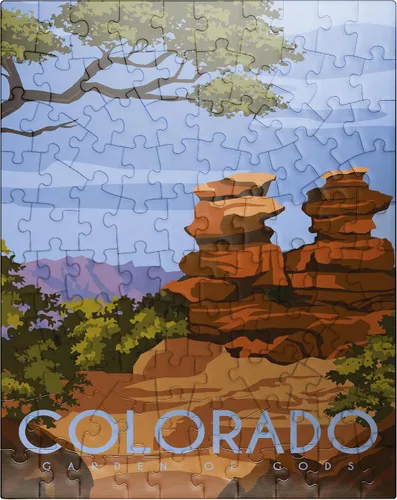 MyPuzzle Garden of Gods Colorado USA Art Deco Style Vintage Poster Ilustración - Rompecabezas premium de 100 piezas para adultos