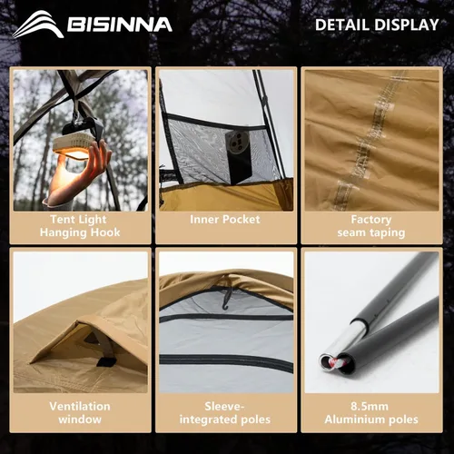 Miniatura 7 de BISINNA Tienda de campaña para 2 personas, ligera, impermeable, 3 estaciones, con poste de aluminio para montañismo al aire libre, senderismo, viajes