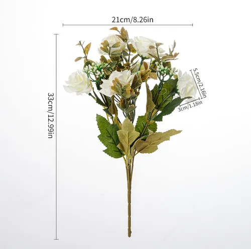 Miniatura 2 de Flores artificiales, 5 racimos, 24 rosas pequeñas de seda falsa, arreglo de flores de plástico para ramos de boda, decoración del hogar, centros