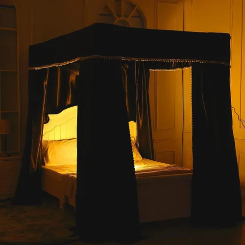 Miniatura 20 de Obokidly Elegante cortina opaca de estrella negra con borde de bola blanca de 4 postes en las esquinas, decoración de dormitorio para adultos