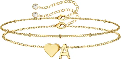 Miniatura 8 de M MOOHAM Pulseras de oro con inicial de corazón para mujer, pulseras con dije de letra A-Z de corazón dorado en capas para mujer, pulseras