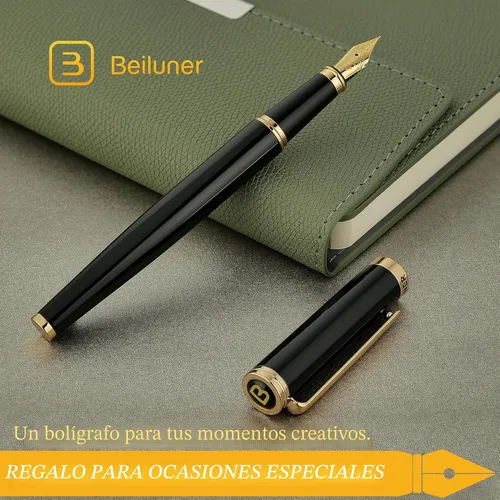 Miniatura 7 de BEILUNER Pluma fuente negra, impresionantes plumas de lujo con acentos de oro de 24 quilates, hermosa punta dorada de 24 quilates (fina), regalo