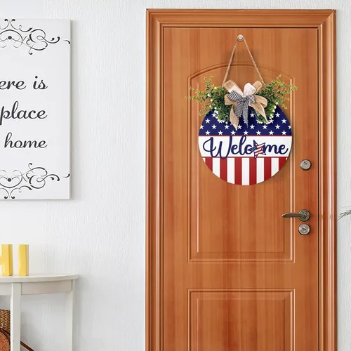 Miniatura 5 de Harooni Letrero de puerta del Día de los Caídos del 4 de julio, 12 x 12 pulgadas, colgante de puerta de madera patriótica americana, corona del Día