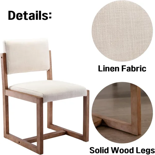 Miniatura 4 de LukeAlon Juego de 4 sillas de comedor vintage de lino, sillas laterales de cocina con respaldo abierto de granja con patas de madera maciza, sillas