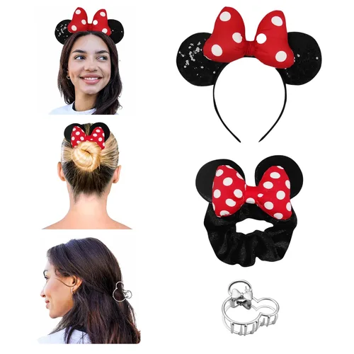 Styla Hair Juego de diadema icónica de 3 piezas con orejas de Mickey - Scrunchies, clip de pinza y diadema de oreja abombada para mujeres,