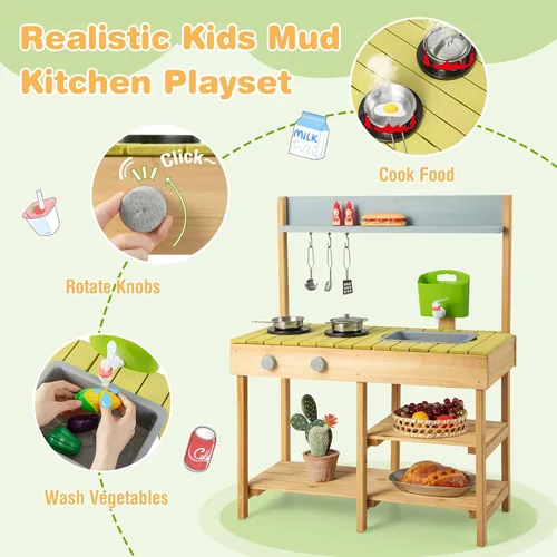 Miniatura 4 de HONEY JOY Cocina de barro, cocina de madera de abeto para niños, mesa de barro, agua corriente, fregadero extraíble, juego de cocina para niños al
