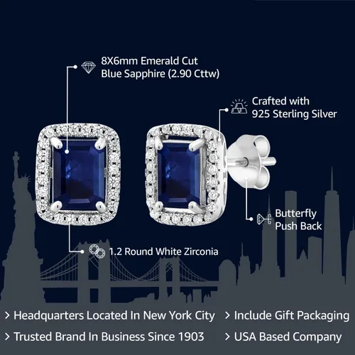 Miniatura 35 de Gem Stone King Aretes de plata de ley 925 con piedra natal Corte esmeralda de 0.315 x 0.236 in Aretes de halo para mujer