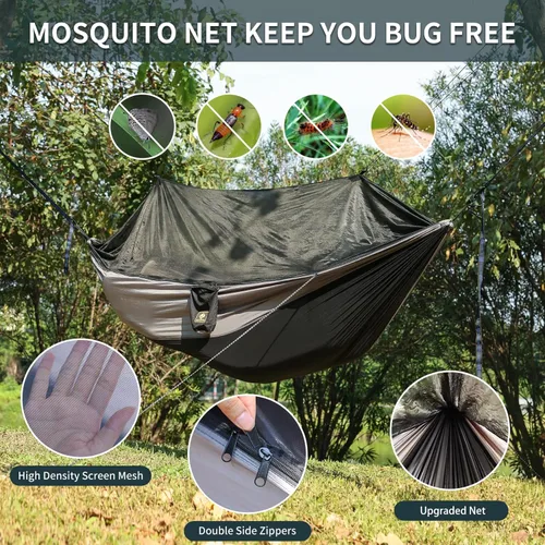Miniatura 3 de Hamaca de camping con red, hamaca doble portátil ligera con correas para árbol y mosquetones sólidos en forma de D, hamaca de nailon de paracaídas