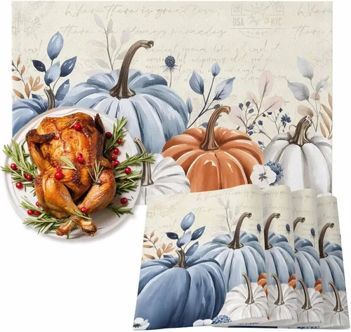 Juego de 4 manteles individuales de otoño con diseño de calabaza azul, hojas florales, manteles individuales de otoño, lavables, cosecha, Acción de