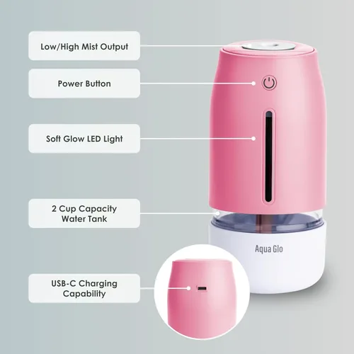 Miniatura 3 de Aqua Glo - Humidificadores portátiles personales para dormitorio, humidificador ultrasónico de niebla fría con batería recargable integrada. Cuarzo