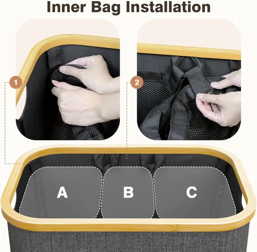 Miniatura 2 de Cesta de lavandería con tapa, Bathola, cesta extra grande de 145L, cestas de 3 secciones para ropa sucia, organizador de cestas divididas para Gris