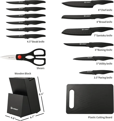 Miniatura 2 de Juego de 16 cuchillos de cocina con tabla de cortar, juego de cuchillos de acero inoxidable alemán con afilador, apto para lavavajillas, mango