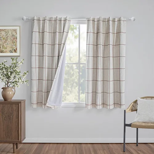 Miniatura 31 de MYSKY HOME Cortinas de Lino a Cuadros 100% Opacas de 45 Pulgadas de Largo de Doble Capa Estilo Granja con Aislamiento Térmico Estampado a Cuadros
