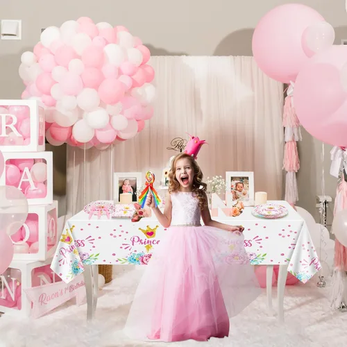Miniatura 6 de Decoraciones de fiesta de princesa: 81 piezas de decoración de castillo, incluyendo platos de papel rosa, servilletas y mantel para decoraciones
