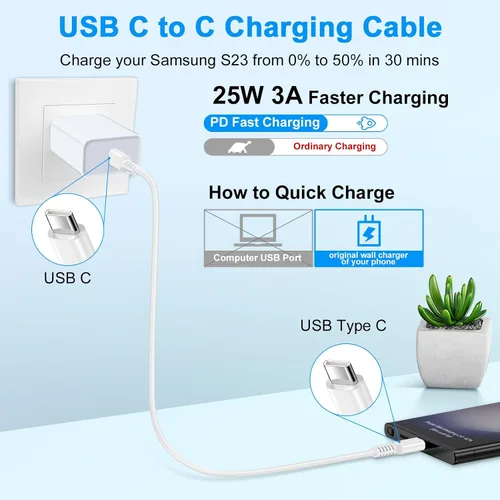 Miniatura 2 de Cable de carga de teléfono USB C a tipo C, cable de alimentación de carga rápida, paquete de 2 cables largos de carga automática de 6 pies