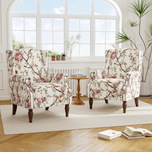 Miniatura 40 de Silla reclinable tapizada, sillón de ala floral con respaldo y reposapiés ajustables, cómoda silla decorativa para leer, sofá individual
