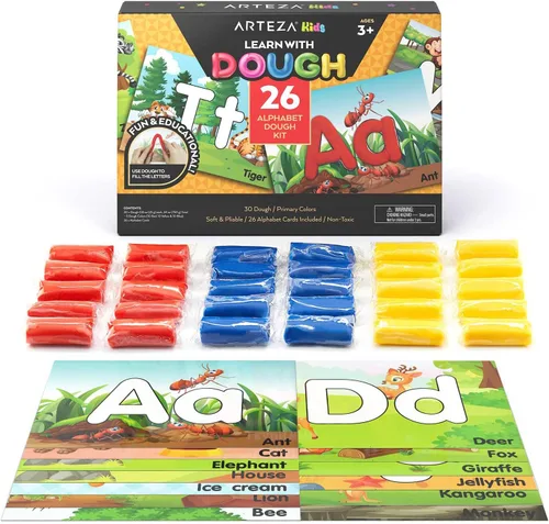 Arteza Kids Play Dough, kit de aprendizaje del alfabeto, 30 piezas de arcilla seca al aire, 0.8 onzas, rojo, amarillo y azul, 26 tarjetas del