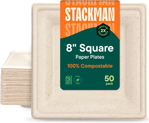 Miniatura 9 de Platos de papel cuadrados 100% compostables [paquete de 50] – {Sin PFAS} – {Certificado BPI} – [6 pulgadas] – Platos de cena de bagazo