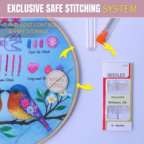 Miniatura 6 de ETSPIL Kit de bordado para principiantes para adolescentes y adultos - Paquete de 3, 19 puntadas, patrones pre-estampados, imán para agujas, aro