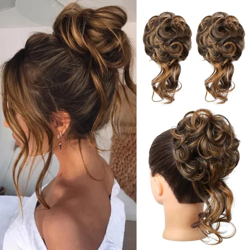 Miniatura 22 de HOOJIH 2 piezas de moño despeinado, recogido despeinado con mechones, extensiones de moño de cabello ondulado rizado, envoltorio de cabello, cola