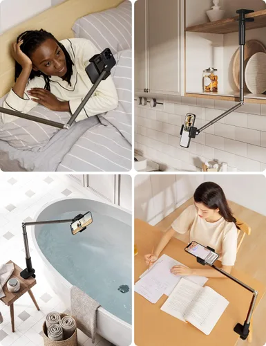 Miniatura 2 de Viozon Soporte para teléfono, brazo largo flexible, montaje superior, ángulo ajustable de 360°, aleación de aluminio, abrazadera C para cabecero