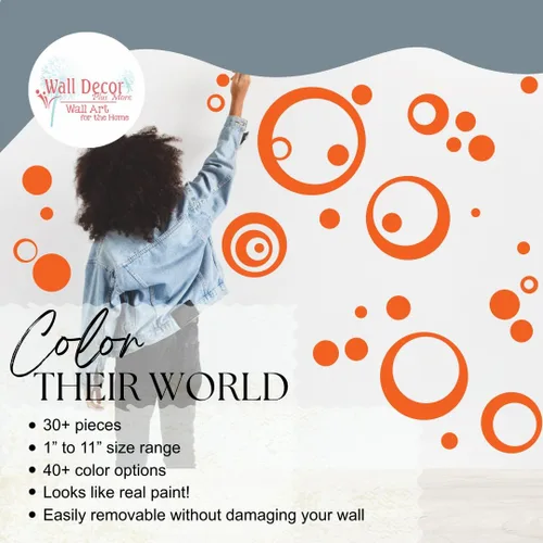 Miniatura 2 de Adhesivo de vinilo naranja para pared, diseño de círculos, burbujas, puntos 25+ piezas