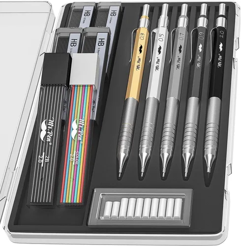 Mr. Pen - Juego de lápices mecánicos de metal con recambios de plomo y borradores, paquete de 5 | 5 Sizes, 0.3, 0.5, 0.7, 0.9 & 2mm, 6x Tubes HB