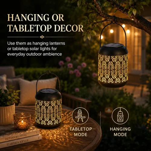 Miniatura 6 de LeiDrail Farol solar colgante al aire libre, faroles decorativos de metal, luz LED blanca cálida, impermeable, iluminación de paisaje para mesa
