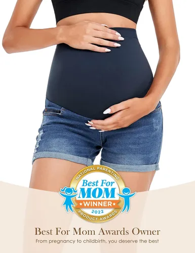 Miniatura 2 de HOFISH Pantalones cortos elásticos de maternidad para mujer, sobre el vientre, cómodos, pantalones cortos de mezclilla, pantalones cortos casuales