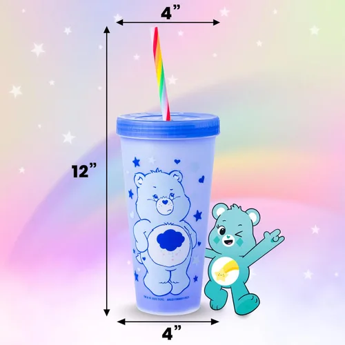 Miniatura 4 de Silver Buffalo Care Bears Corazones y Estrellas Juego de 4 Vasos de Plástico Cambian de Color con Popotes de Espiral Arcoíris con Tenderheart